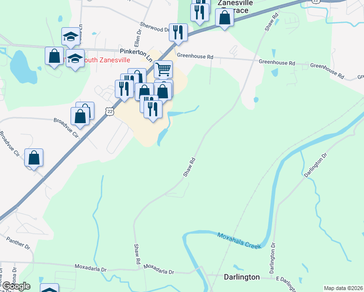map of restaurants, bars, coffee shops, grocery stores, and more near 2985 Shaw Road in Zanesville