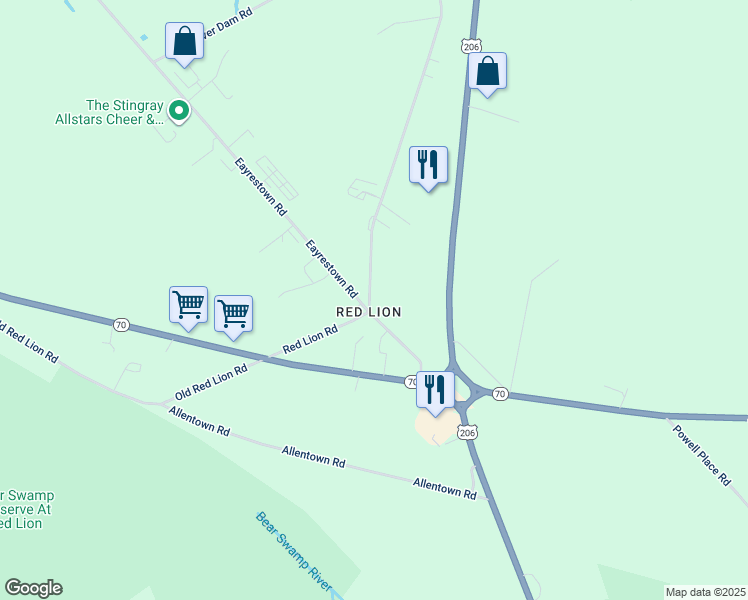 map of restaurants, bars, coffee shops, grocery stores, and more near 102 Red Lion Road in Southampton Township