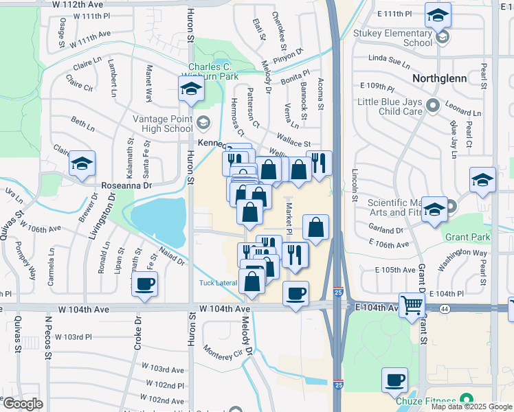 map of restaurants, bars, coffee shops, grocery stores, and more near 10620 Melody Drive in Northglenn