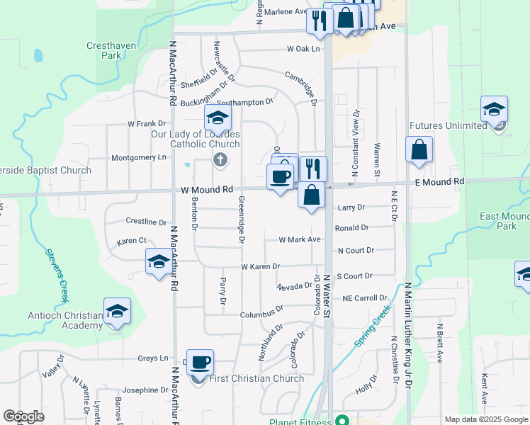 map of restaurants, bars, coffee shops, grocery stores, and more near 355 West Mound Road in Decatur