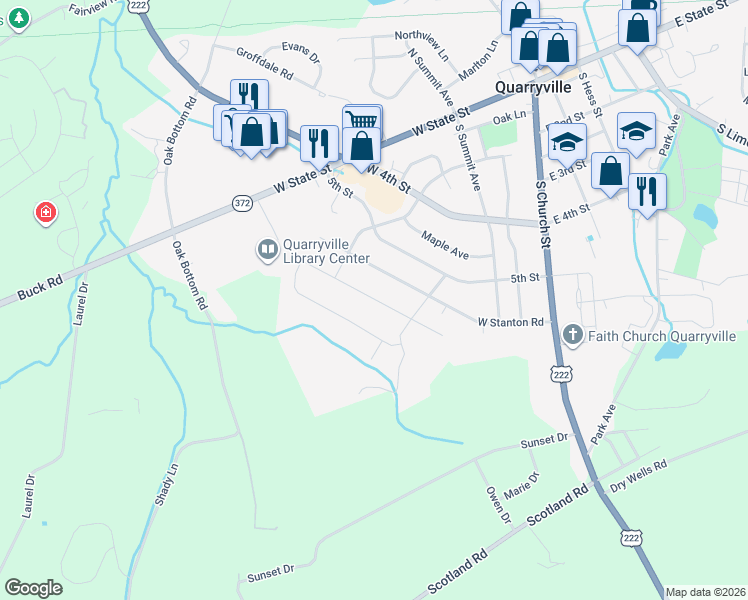 map of restaurants, bars, coffee shops, grocery stores, and more near 326 West Fritz Avenue in Quarryville