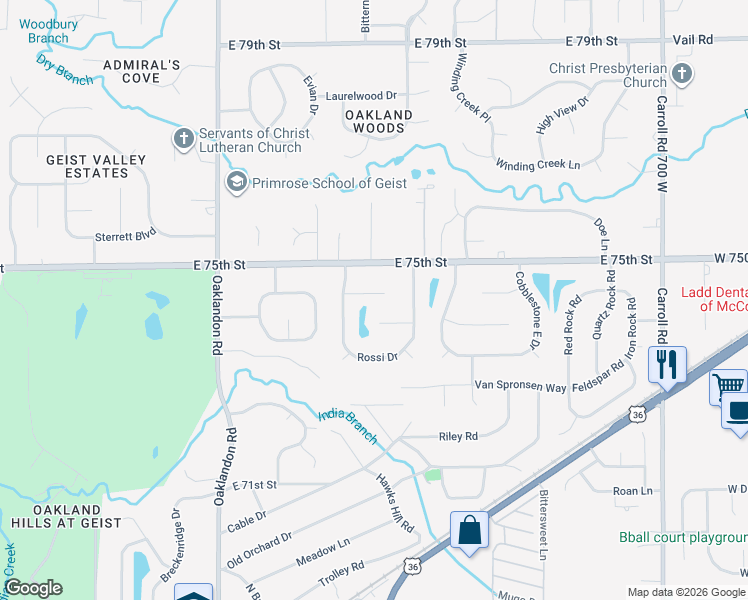 map of restaurants, bars, coffee shops, grocery stores, and more near 12131 Pebblebrook Court in Indianapolis
