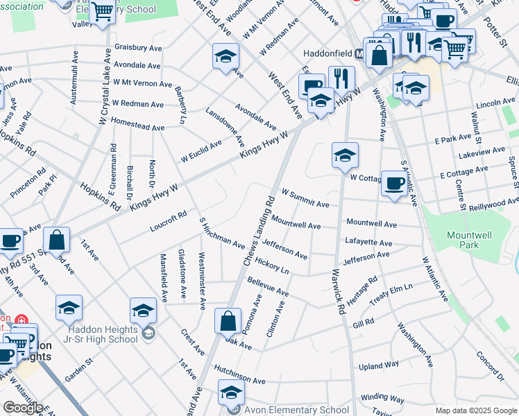 map of restaurants, bars, coffee shops, grocery stores, and more near 150 Chews Landing Road in Haddonfield