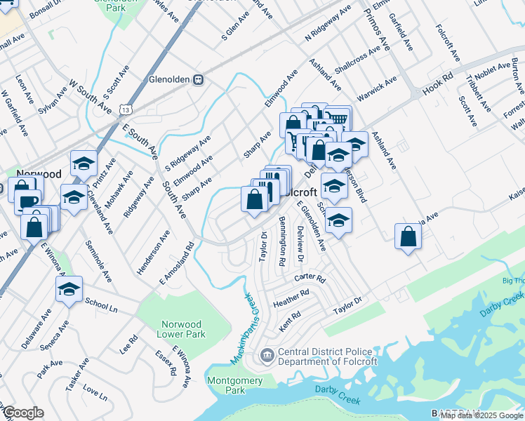 map of restaurants, bars, coffee shops, grocery stores, and more near 2005 Ravenwood Drive in Folcroft