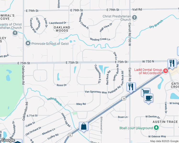 map of restaurants, bars, coffee shops, grocery stores, and more near 12351 Gann Court in Indianapolis