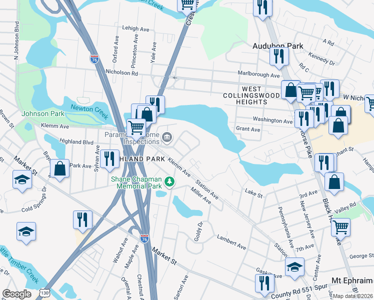 map of restaurants, bars, coffee shops, grocery stores, and more near 12 Green Acres Lane in Gloucester City