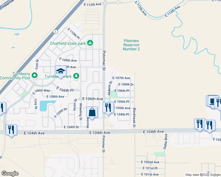 map of restaurants, bars, coffee shops, grocery stores, and more near 10617 Abilene Street in Commerce City