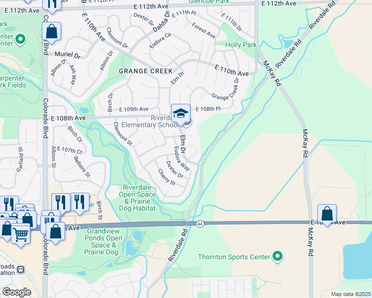 map of restaurants, bars, coffee shops, grocery stores, and more near 5001 East 106th Circle in Thornton