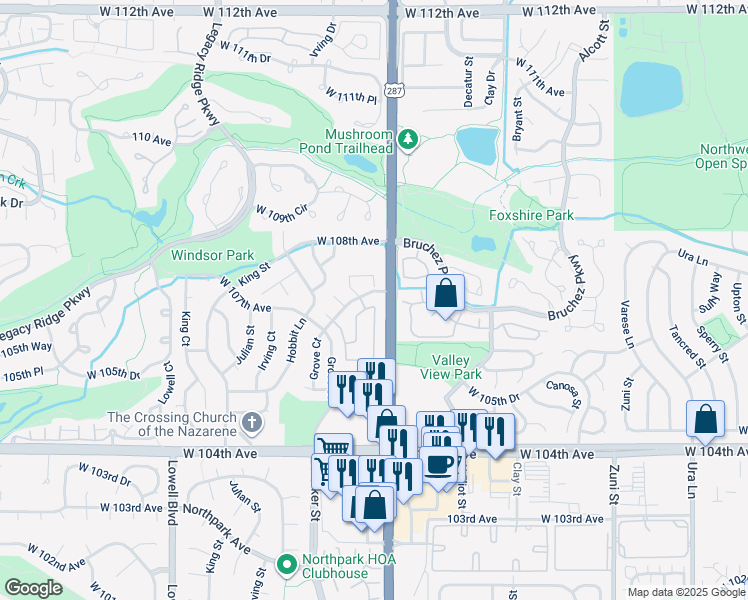 map of restaurants, bars, coffee shops, grocery stores, and more near 3052 West 107th Place in Westminster