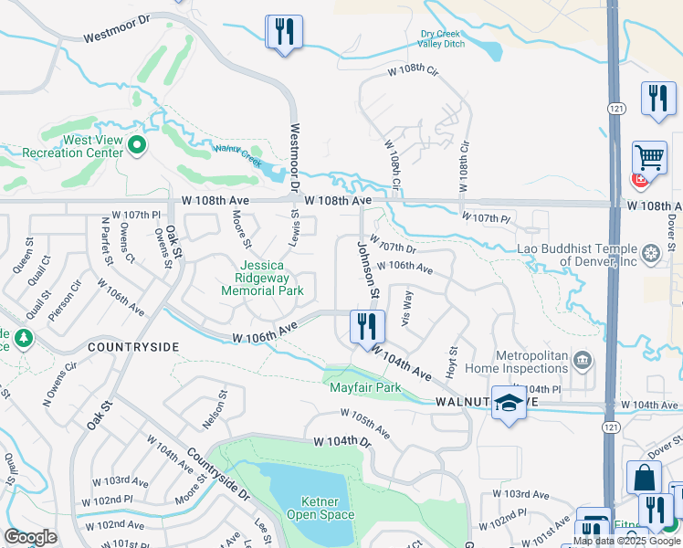 map of restaurants, bars, coffee shops, grocery stores, and more near 10637 Kipling Way in Westminster