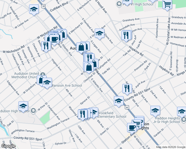 map of restaurants, bars, coffee shops, grocery stores, and more near 100 Chestnut Street in Audubon