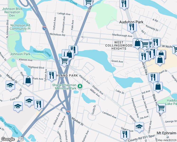 map of restaurants, bars, coffee shops, grocery stores, and more near 12 Green Acres Lane in Gloucester City