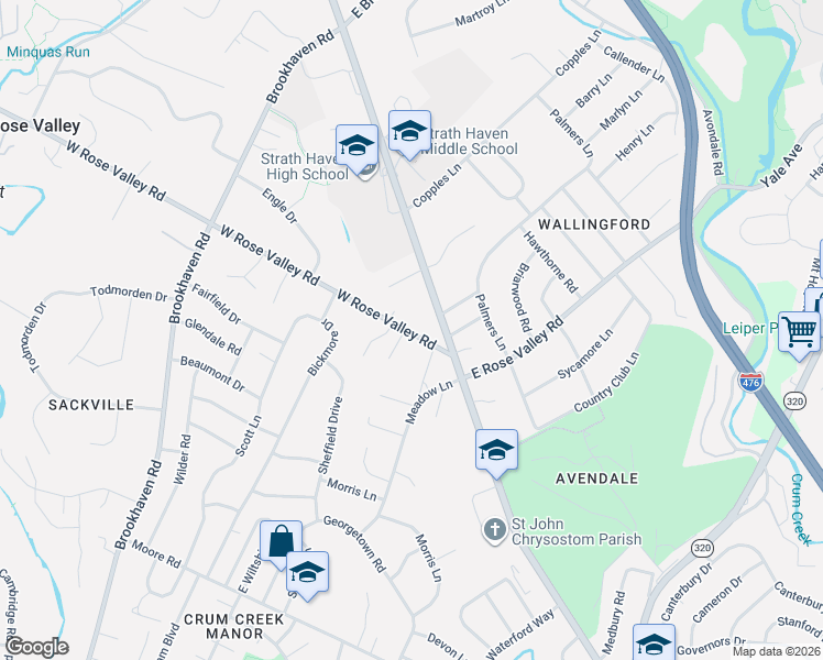 map of restaurants, bars, coffee shops, grocery stores, and more near 0 Wallingford Avenue in Nether Providence Township