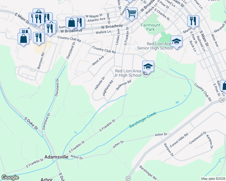 map of restaurants, bars, coffee shops, grocery stores, and more near 414 Bellevue Road in Red Lion