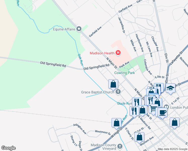 map of restaurants, bars, coffee shops, grocery stores, and more near 207 North Madison Road in London