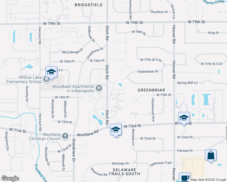 map of restaurants, bars, coffee shops, grocery stores, and more near 7487 Countrybrook Drive in Indianapolis