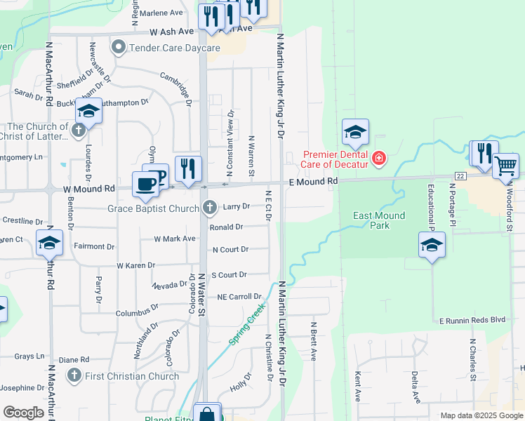 map of restaurants, bars, coffee shops, grocery stores, and more near 2-74 Ronald Drive in Decatur