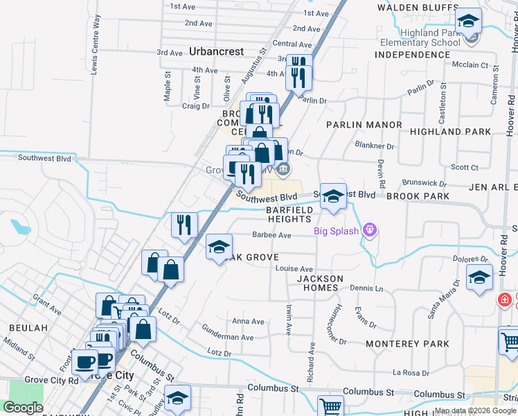map of restaurants, bars, coffee shops, grocery stores, and more near 3101 Thomas Avenue in Grove City
