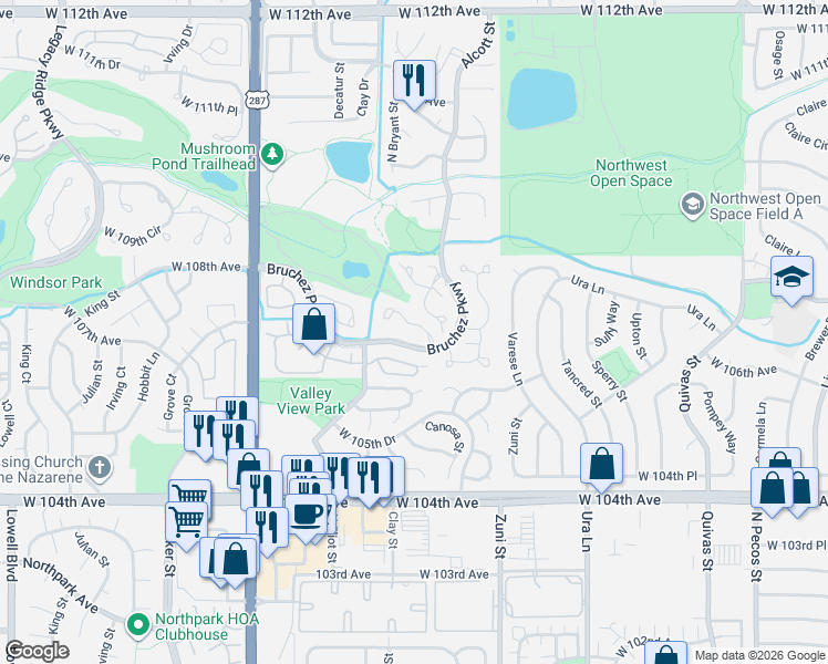 map of restaurants, bars, coffee shops, grocery stores, and more near 2701 West 106th Loop in Westminster