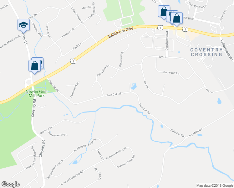 map of restaurants, bars, coffee shops, grocery stores, and more near 95 Pole Cat Road in Glen Mills