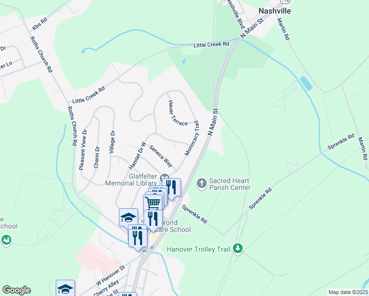 map of restaurants, bars, coffee shops, grocery stores, and more near 523 Hamlet Drive West in Spring Grove