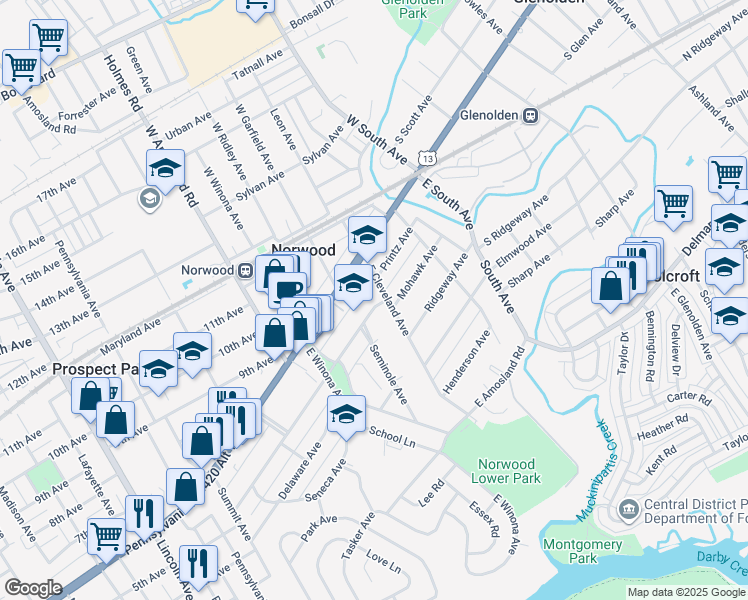 map of restaurants, bars, coffee shops, grocery stores, and more near 230 Mohawk Avenue in Norwood