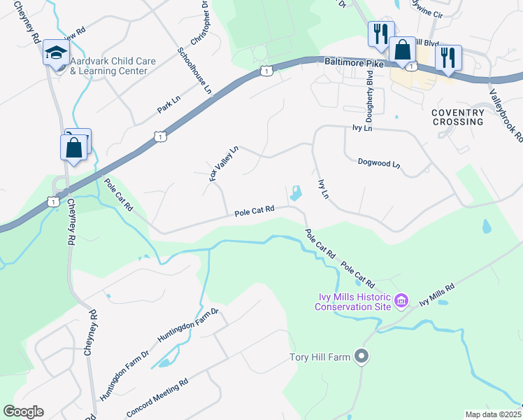 map of restaurants, bars, coffee shops, grocery stores, and more near 168 Pole Cat Road in Glen Mills