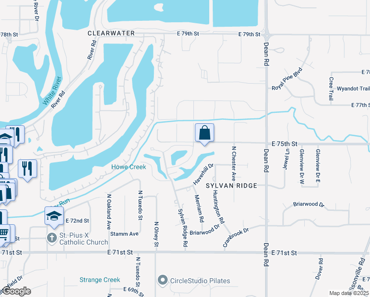 map of restaurants, bars, coffee shops, grocery stores, and more near 7424 Longleat Road in Indianapolis