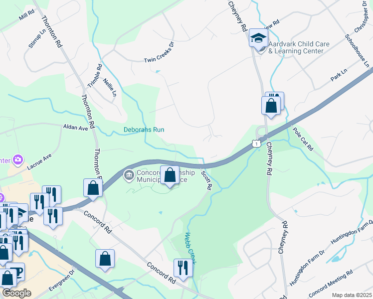 map of restaurants, bars, coffee shops, grocery stores, and more near 589 Baltimore Pike in Glen Mills