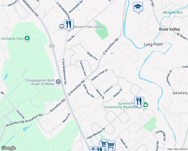 map of restaurants, bars, coffee shops, grocery stores, and more near 927 Ridley Creek Drive in Media