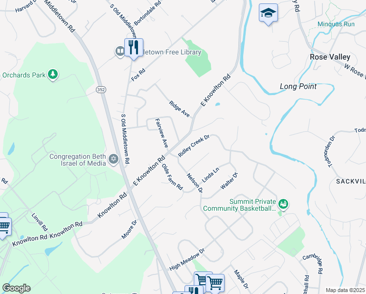 map of restaurants, bars, coffee shops, grocery stores, and more near 927 Ridley Creek Drive in Media