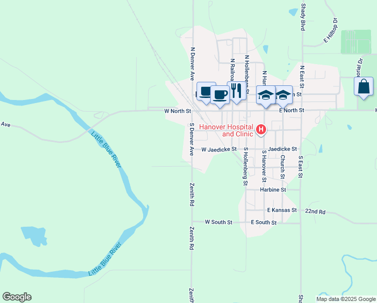 map of restaurants, bars, coffee shops, grocery stores, and more near 301 South Denver Avenue in Hanover