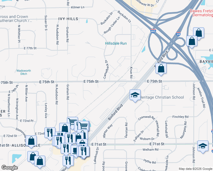 map of restaurants, bars, coffee shops, grocery stores, and more near 6013 East 75th Street in Indianapolis