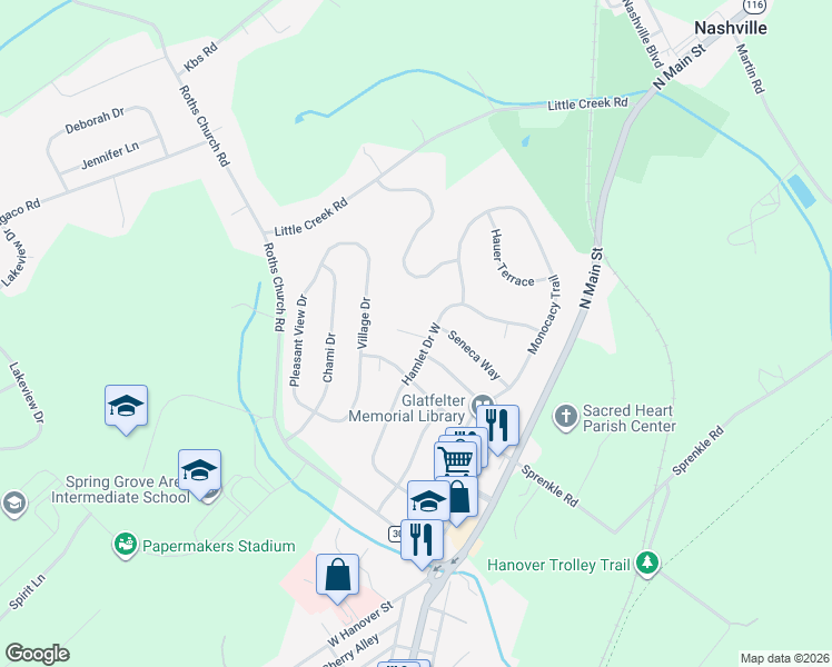 map of restaurants, bars, coffee shops, grocery stores, and more near Forge Court in Spring Grove