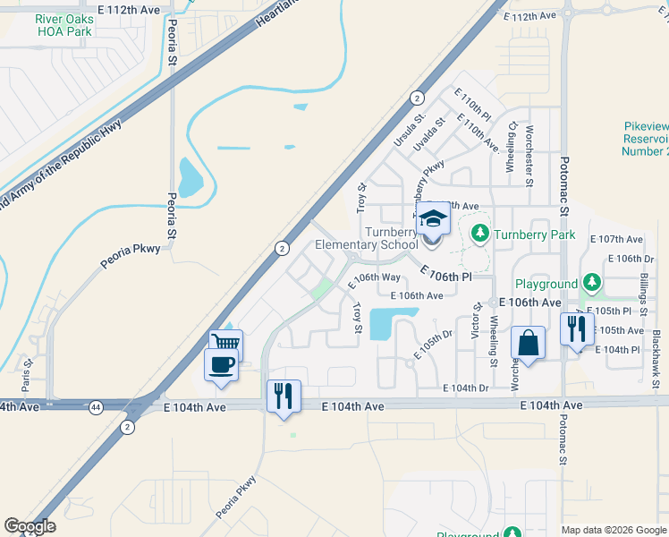 map of restaurants, bars, coffee shops, grocery stores, and more near 10605 Racine Circle in Commerce City