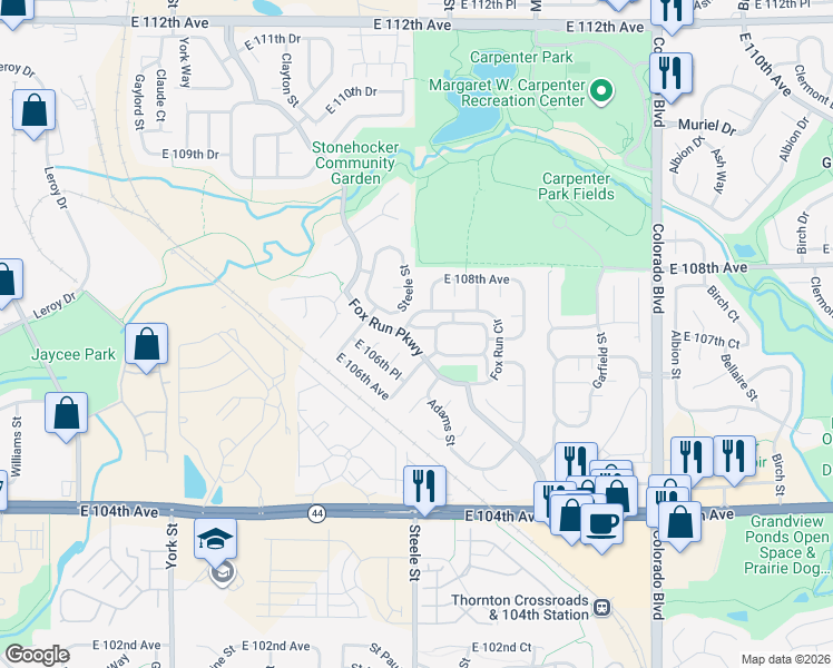 map of restaurants, bars, coffee shops, grocery stores, and more near 101 Kimblewyck Circle in Northglenn