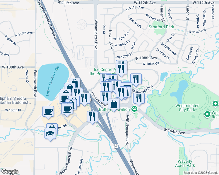 map of restaurants, bars, coffee shops, grocery stores, and more near 10675 Westminster Boulevard in Westminster