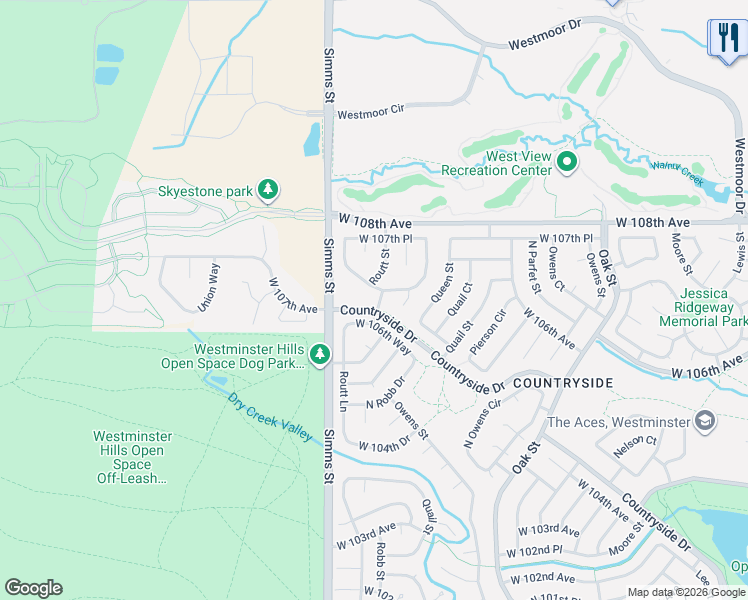 map of restaurants, bars, coffee shops, grocery stores, and more near 11497 West 106th Way in Westminster