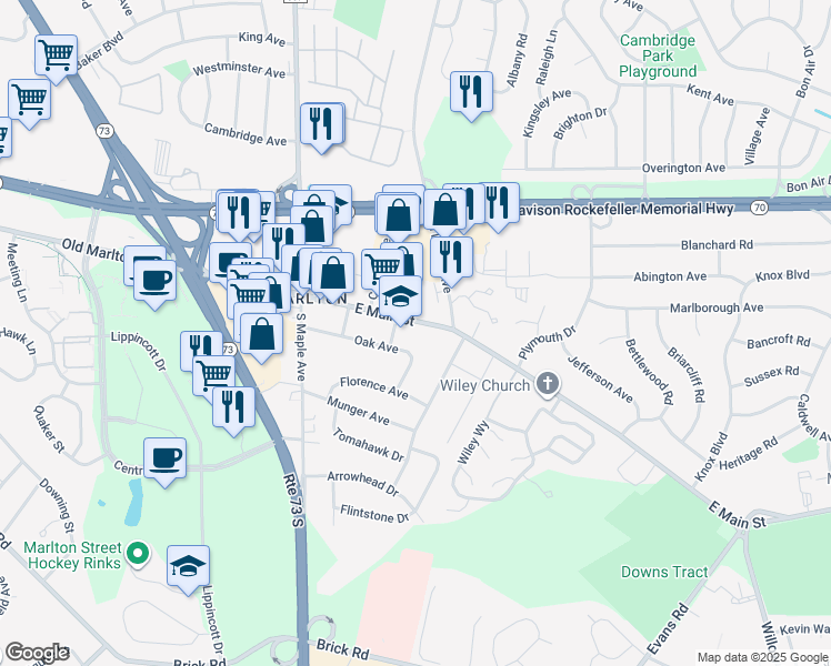 map of restaurants, bars, coffee shops, grocery stores, and more near 46 Oak Avenue in Evesham