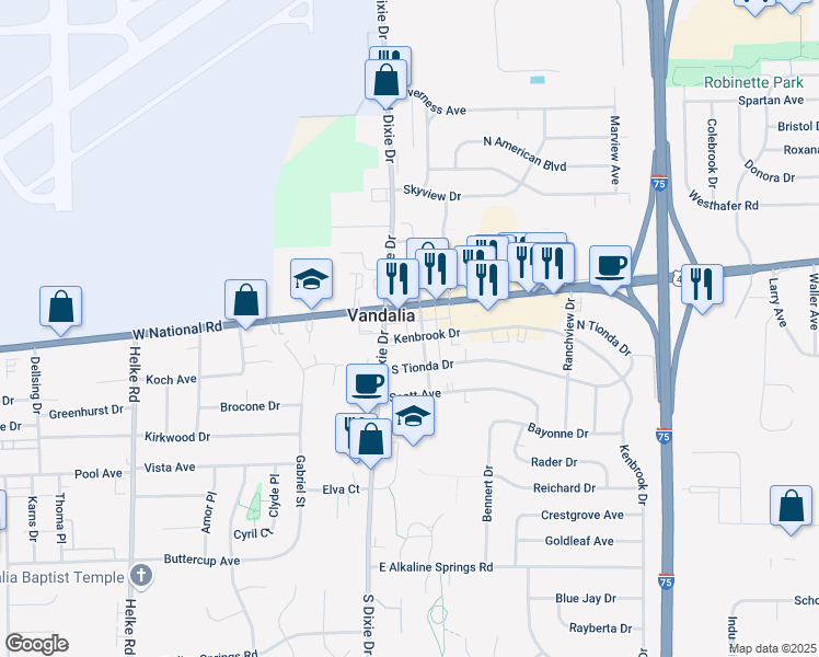 map of restaurants, bars, coffee shops, grocery stores, and more near 18 Kenbrook Drive in Vandalia