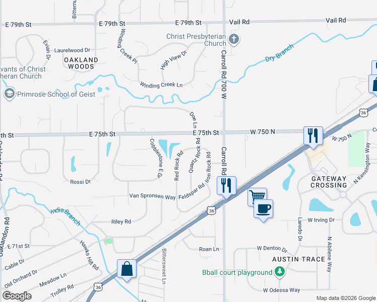 map of restaurants, bars, coffee shops, grocery stores, and more near 7362 Quartz Rock Road in Indianapolis