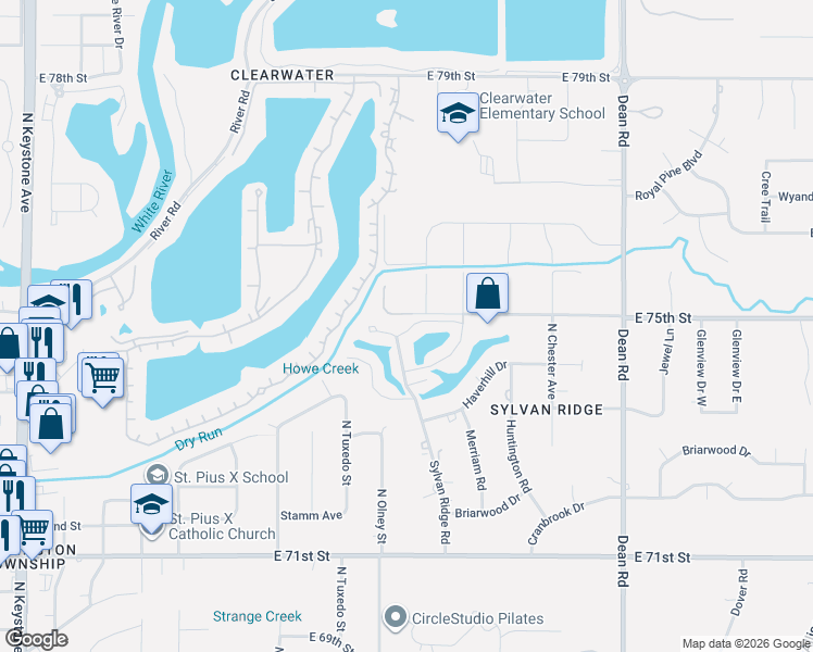 map of restaurants, bars, coffee shops, grocery stores, and more near 7420 Sylvan Ridge Road in Indianapolis