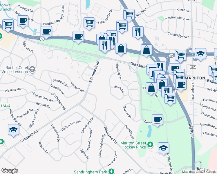map of restaurants, bars, coffee shops, grocery stores, and more near 62 Hawk Lane in Evesham Township