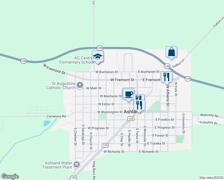 map of restaurants, bars, coffee shops, grocery stores, and more near 115-199 N Morgan St in Ashland
