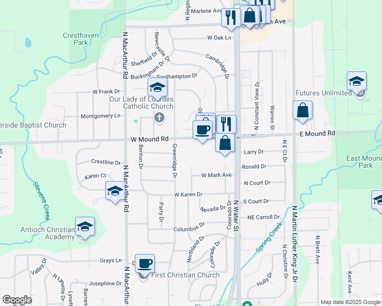 map of restaurants, bars, coffee shops, grocery stores, and more near 355 West Mound Road in Decatur