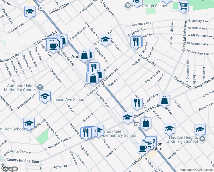 map of restaurants, bars, coffee shops, grocery stores, and more near 426 South White Horse Pike in Audubon