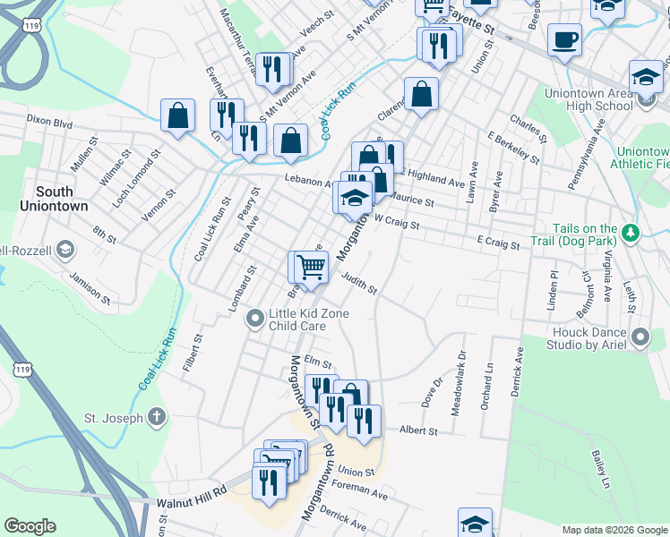 map of restaurants, bars, coffee shops, grocery stores, and more near 424 Morgantown Street in Uniontown