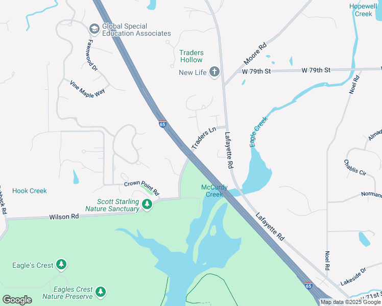 map of restaurants, bars, coffee shops, grocery stores, and more near Interstate 65 in Indianapolis