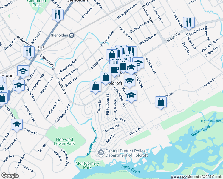 map of restaurants, bars, coffee shops, grocery stores, and more near 710 Grant Road in Folcroft