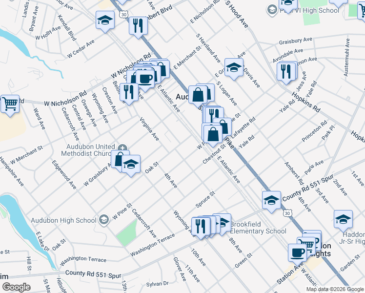 map of restaurants, bars, coffee shops, grocery stores, and more near 113 Oak Street in Audubon